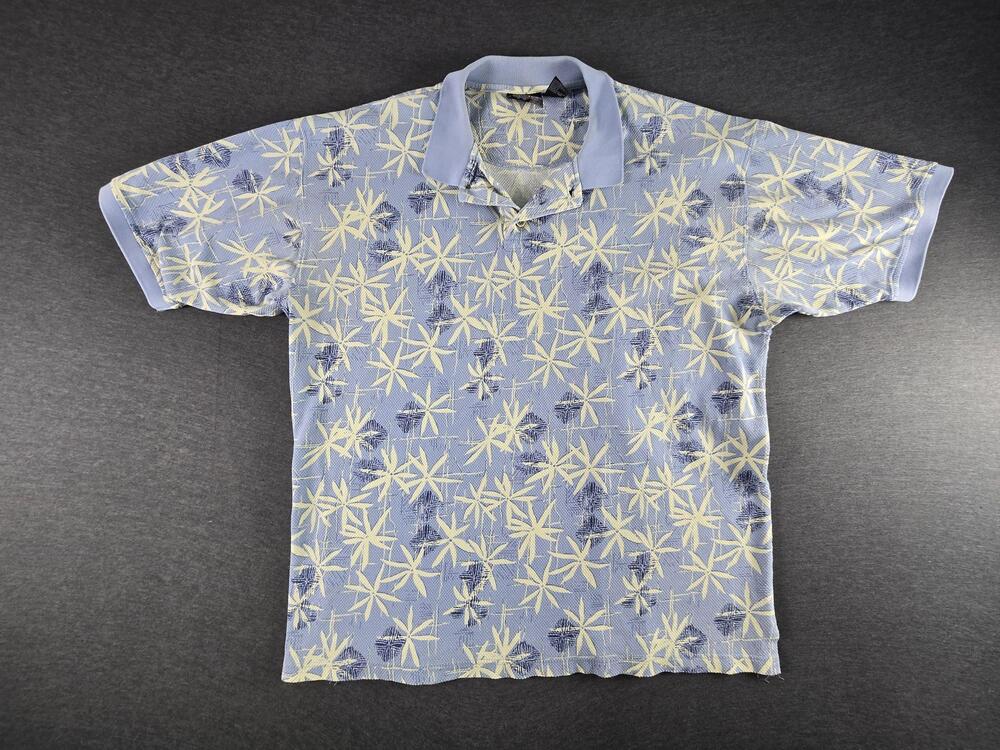 Vtg OP Sport Polo Shirt Mens Large Blue Floral Print 100% Cotton Summer Knit